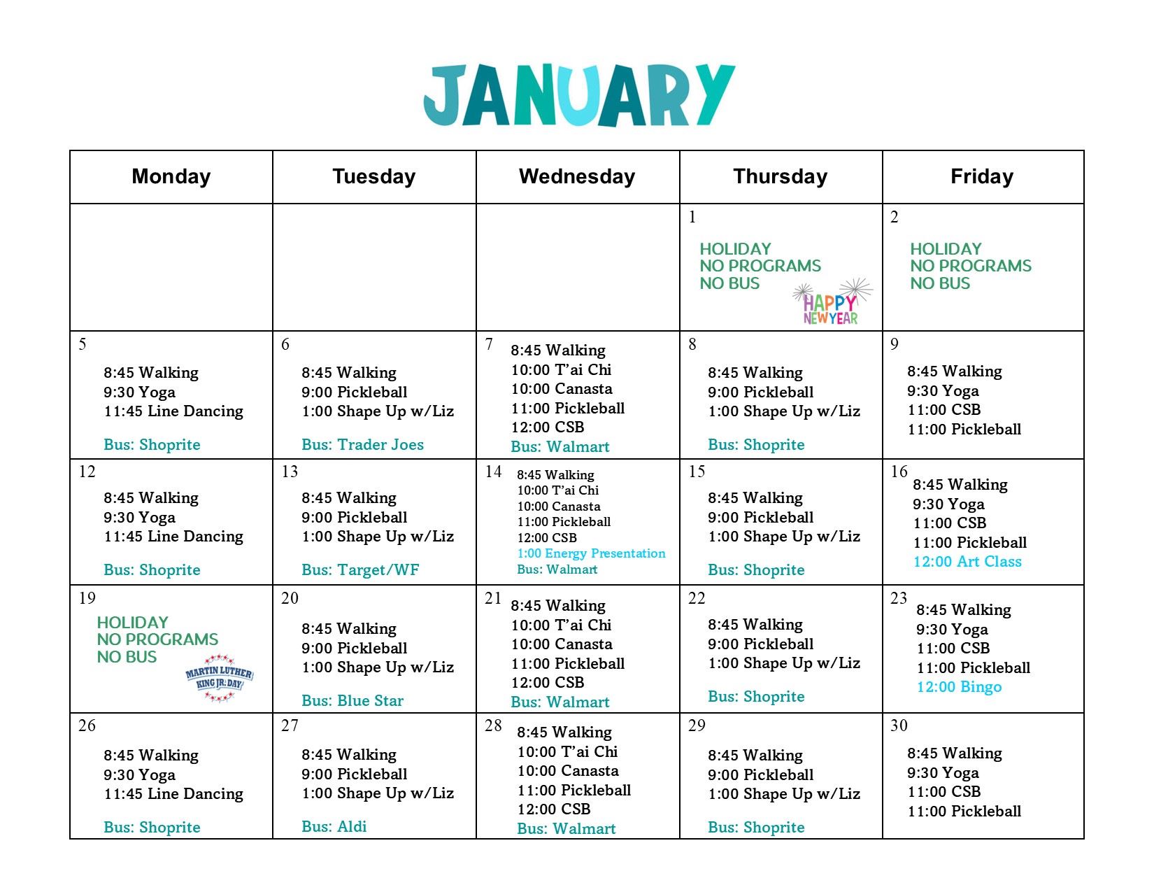 January Calendar Seniors
