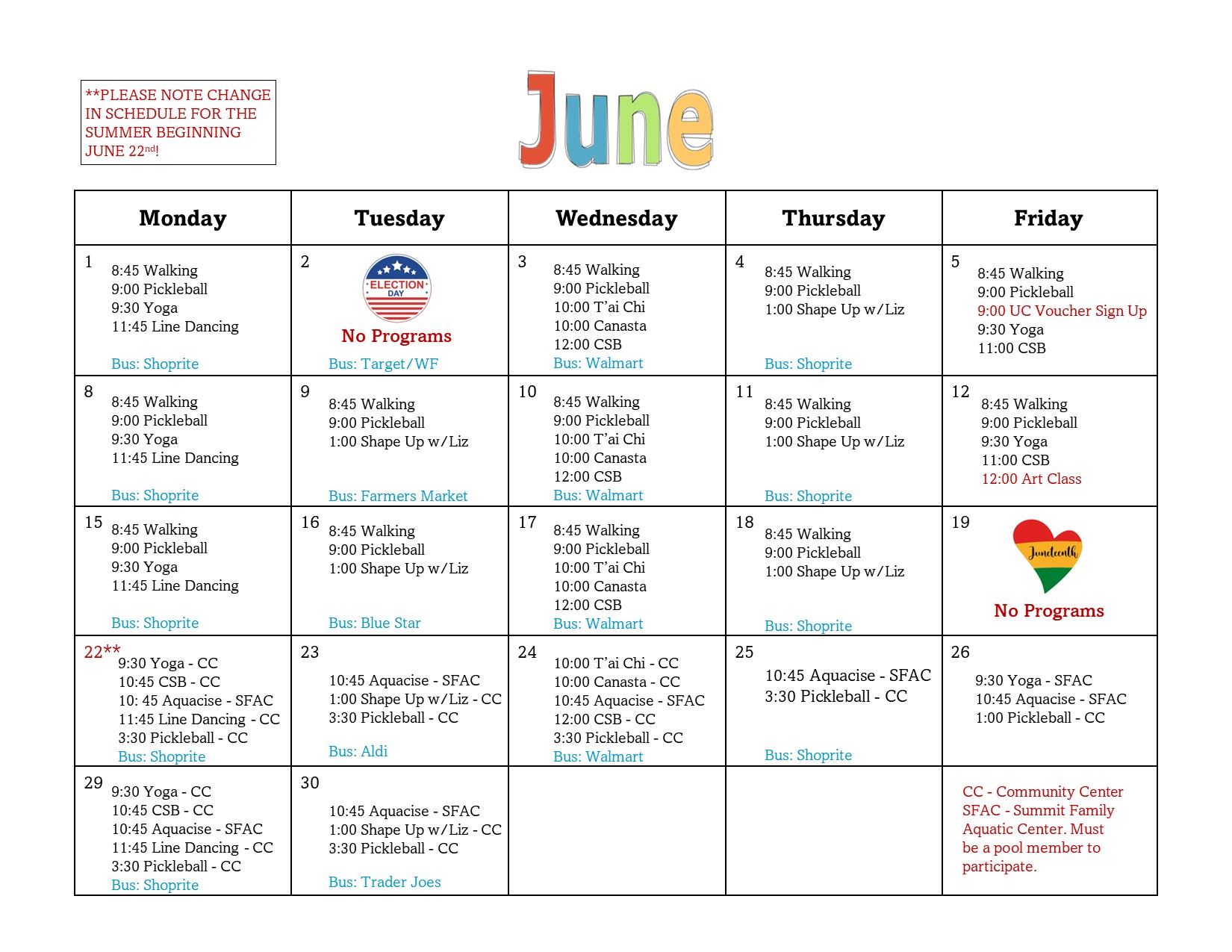 Senior June Calendar